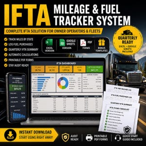 Op de afbeelding: Een IFTA-kilometer- en brandstofvolgsysteem weergegeven op een laptop- en smartphonescherm. Het digitale dashboard toont grafieken, tabellen en belastinggegevens. Inclusief afdrukbare PDF-formulieren, Excel- en Google Sheets-sjablonen voor wagenparkbeheer.