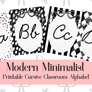 May include: Four rectangular cards featuring the letters Aa, Bb, Cc, and Dd in black cursive script. Each card has a white oval center with a black bow graphic at the top, set against black and white polka dot, striped, and checkered backgrounds.