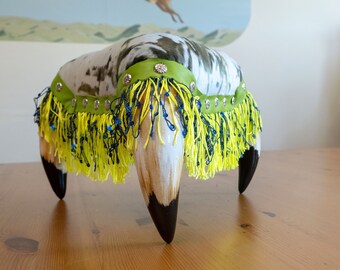 Tiny adorable faux fur monster stool with dragon eye button unique decor item