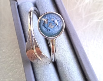 Adjustable FEATHER Ring cabochon 6mm to contain hair or ashes .925 Sterling Silver Memorial ring