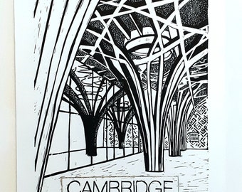 Cambridge Central Mosque, originele linoprint ondertekend door de kunstenaar, linocut, lino, poster