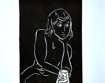 Waiting by a Candle. original linoprint signed by the artist, linocut, lino, small poster. Matisse inspired