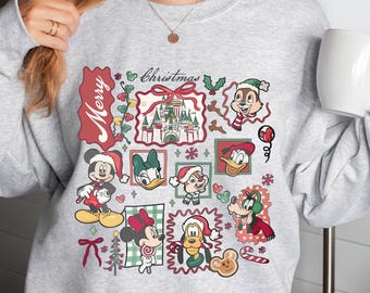 Vintage Disney Frohe Weihnachten Micky und Freunde Sweatshirt, Santa Mickey Urlaub Pullover, Retro Disneyland Weihnachten Sweatshirt