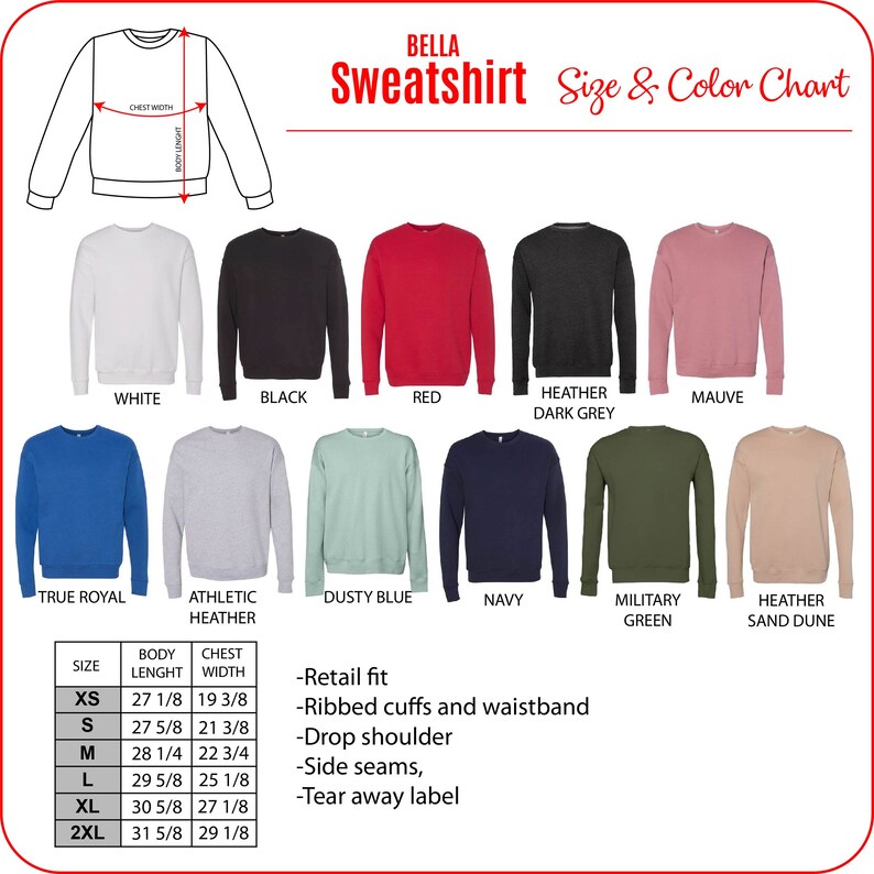 K&ouml;nnte beinhalten: Bella + Canvas Unisex Sweatshirt Gr&ouml;&szlig;en- und Farbtabelle. Die Tabelle zeigt die verschiedenen Gr&ouml;&szlig;en und Farben des Sweatshirts sowie die K&ouml;rperl&auml;nge und Brustweite in Zoll. Die Tabelle enth&auml;lt auch eine Beschreibung der Eigenschaften des Sweatshirts, wie z. B. die Retail-Passform, gerippte B&uuml;ndchen und Bund, fallende Schulter, Seitenn&auml;hte und abrei&szlig;bares Etikett.