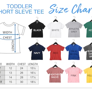 K&ouml;nnte beinhalten: Gr&ouml;&szlig;entabelle f&uuml;r Kurzarm-T-Shirts f&uuml;r Kleinkinder mit Ma&szlig;en in Zoll. Die Tabelle zeigt die Gr&ouml;&szlig;en 2T, 3T, 4T und 5/6T mit den entsprechenden Ma&szlig;en f&uuml;r Breite, Brustumfang und L&auml;nge. Die Tabelle zeigt auch eine Vielzahl von Farben f&uuml;r die T-Shirts, darunter Schwarz, Wei&szlig;, Sportgrau, Kellygr&uuml;n, Marineblau, Rot, Royalblau, Dunkelgrau meliert, Mauve meliert, Rosa und Gelb.