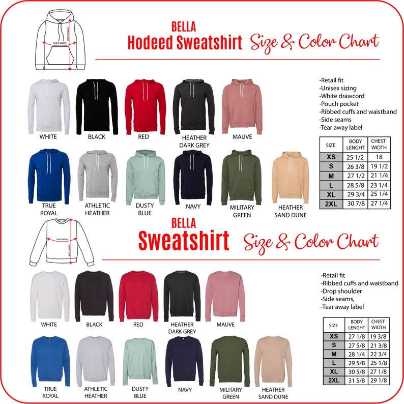 Bella Canvas hooded sweatshirt models, available in many colors including black, white, red, green, mauve and blue colors, retail fit, tear away label, ribbed cuffs and waistband, drop shoulder, side seams.