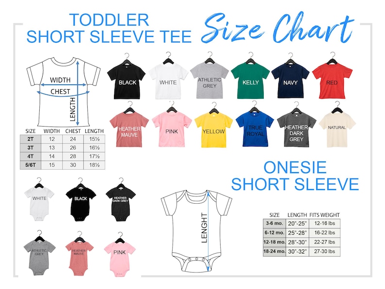Quality toddler t-shirt and onesie short sleeve models, available in many colors including black, white, red, green, blue and pink colors, 2t, 3t, 4t, 5/6t sizes available for toddler, 3-6 mo, 6-12 mo, 12-18 mo, 18-24 mo sizes available for onesie.
