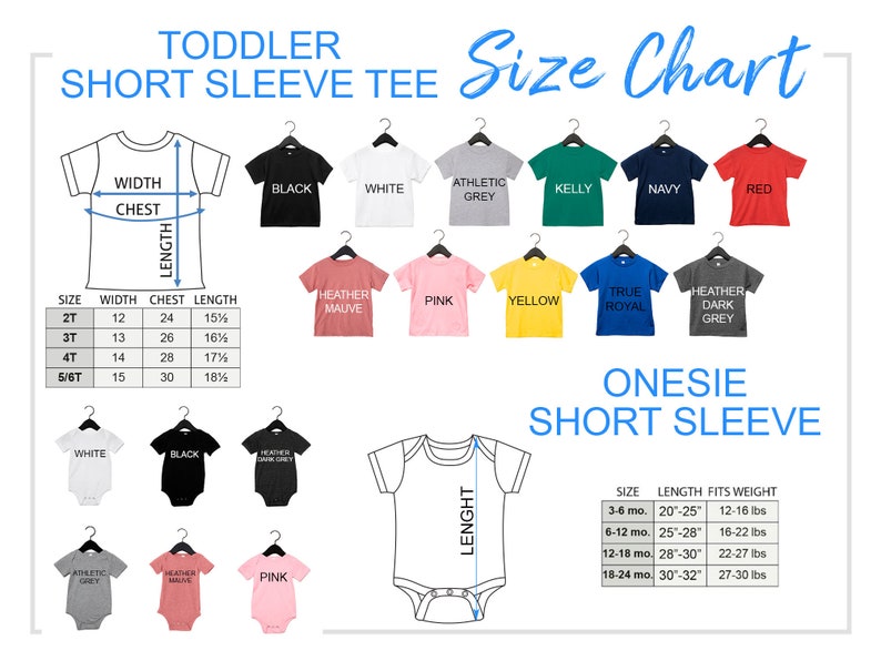 Quality toddler t-shirt and onesie short sleeve models, available in many colors including black, white, red, green, blue and pink colors, 2t, 3t, 4t, 5/6t sizes available for toddler, 3-6 mo, 6-12 mo, 12-18 mo, 18-24 mo sizes available for onesie.