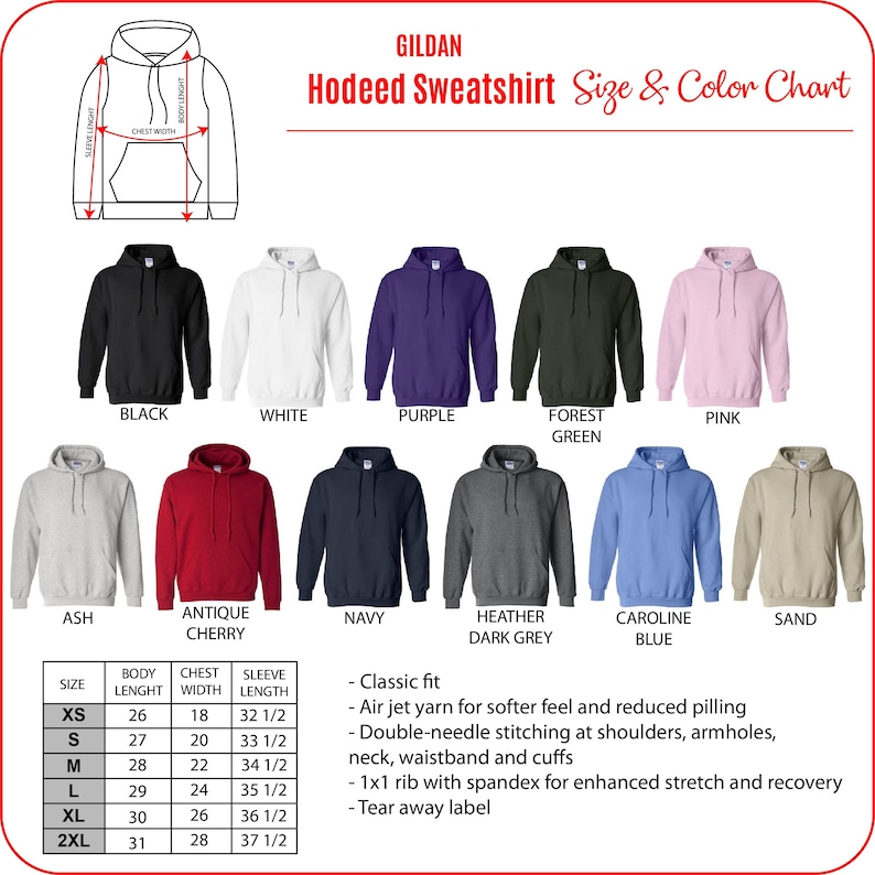 K&ouml;nnte beinhalten: Farbkarte f&uuml;r Gildan Kapuzenpullover in verschiedenen Farben, darunter Schwarz, Wei&szlig;, Lila, Waldgr&uuml;n, Rosa, Asche, Antikes Kirschrot, Marine, Dunkelgrau meliert, Caroline Blau und Sand. Die Tabelle zeigt die Gr&ouml;&szlig;e, die K&ouml;rperl&auml;nge, die Brustweite und die &Auml;rmell&auml;nge in Zoll.