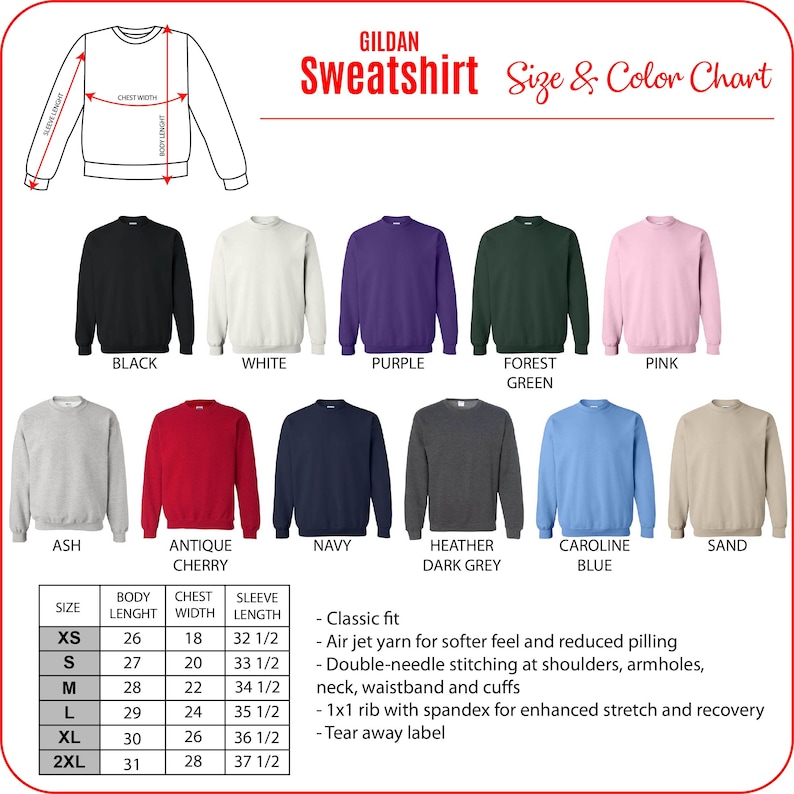 K&ouml;nnte beinhalten: Eine Gr&ouml;&szlig;en- und Farbtabelle f&uuml;r Gildan-Sweatshirts. Die Tabelle zeigt die verschiedenen verf&uuml;gbaren Gr&ouml;&szlig;en und Farben sowie die entsprechende K&ouml;rperl&auml;nge, Brustweite und &Auml;rmell&auml;nge in Zoll. Die Tabelle enth&auml;lt auch eine Beschreibung der Eigenschaften des Sweatshirts, wie z. B. die klassische Passform, das Air-Jet-Garn und die Doppelstichnaht.
