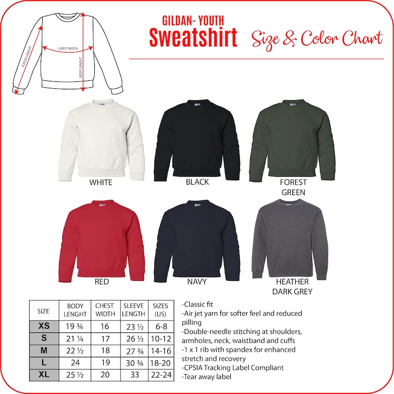K&ouml;nnte beinhalten: Gr&ouml;&szlig;en- und Farbtabelle f&uuml;r Jugend-Sweatshirts mit Bildern von Sweatshirts in Wei&szlig;, Schwarz, Waldgr&uuml;n, Rot, Marineblau und Dunkelgrau meliert. Die Tabelle enth&auml;lt Ma&szlig;e f&uuml;r K&ouml;rperl&auml;nge, Brustweite, &Auml;rmell&auml;nge und Gr&ouml;&szlig;en in US-Gr&ouml;&szlig;en. Die Tabelle enth&auml;lt auch Details zur Passform, zum Stoff und zur Konstruktion des Sweatshirts.