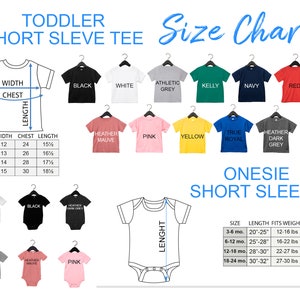 Pu&ograve; includere: Tabella delle taglie per magliette a maniche corte e body per bambini piccoli. La tabella mostra diverse taglie, larghezze, circonferenze del torace e lunghezze in pollici. La tabella mostra anche diversi colori di magliette e body, tra cui bianco, nero, grigio atletico, verde kelly, blu navy, rosso, malva melange, rosa, giallo, blu reale e grigio scuro melange.