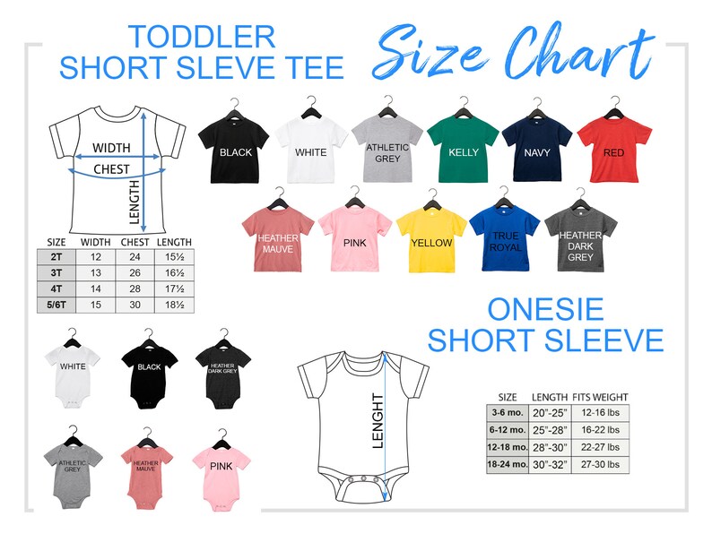 Pu&ograve; includere: Tabella delle taglie per magliette a maniche corte e body per bambini piccoli. La tabella mostra diverse taglie, larghezze, circonferenze del torace e lunghezze in pollici. La tabella mostra anche diversi colori di magliette e body, tra cui bianco, nero, grigio atletico, verde kelly, blu navy, rosso, malva melange, rosa, giallo, blu reale e grigio scuro melange.