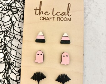 Halloween-oorbellen, spookoorbellen, vleermuisoorbellen, roze oorbellen, lasergesneden oorbellen, handgemaakte oorbellen, spookachtige oorbellen