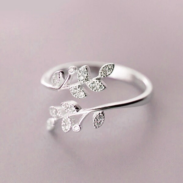 Fashion Silver Color leaf flower Adjustable Ring for women party wedding gift ring Engagement Gift Exquisite Jewelry Ring