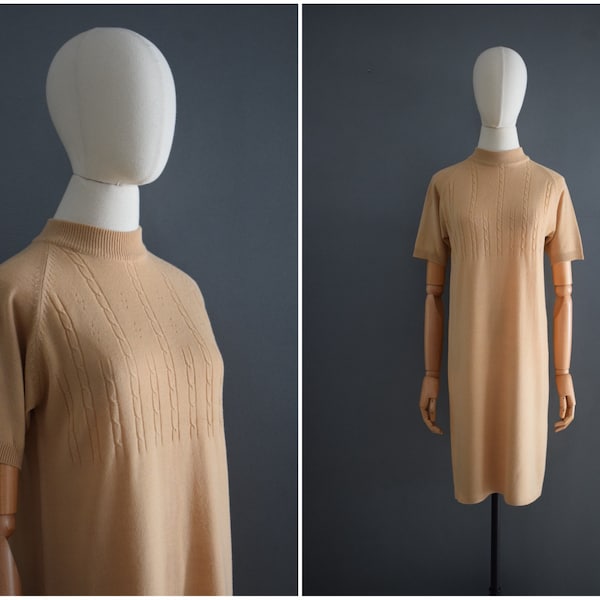 Vintage 1960s Beige Hand Loomed Acrylic Sweater Dress | 60s Sand Short Sleeve Knit Dress | Tan Knit Shift Dress | S