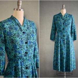 Vintage 1950s Floral Print Dress | 50s Shirtwaist Day Dress | Wiggle Dress | Cocktail Dress | Party Dress | Blue Turquoise Teal | S-M