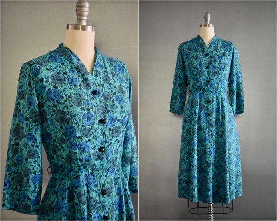 Vintage 1950s Floral Print Dress | 50s Shirtwaist… - image 1