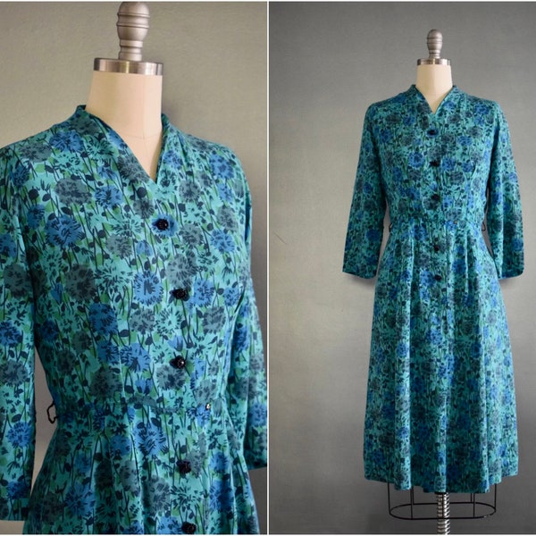 Vintage 1950s Floral Print Dress | 50s Shirtwaist Day Dress | Wiggle Dress | Cocktail Dress | Party Dress | Blue Turquoise Teal | S-M