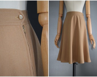 Vintage 1970s Camel Wool High Waist Skirt | 70s Beige Wool A-Line Skirt | XXS-XS | 24"W