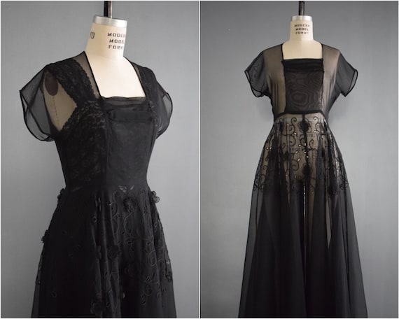 Vintage 1940's Party Dress | 40's Sheer Black Lac… - image 1