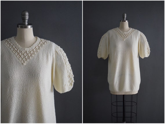Vintage 1970s Creamy Knit Crochet Top | 1980s Cre… - image 1