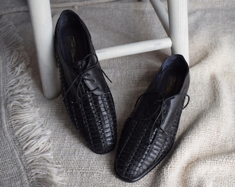 Chaussures richelieu à lacets en cuir tressé noir Sesto Meucci pour femmes des années 1980 | Mocassins Chaussures plates Fabriqués en Italie | Taille 8 | Taille 7
