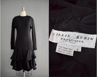 Vintage 1980s Lillie Rubin Black Silk Dress | 80s Black Silk Ruffled Dress | Black Tiered Ruffle Party Dress | Drop Waist | XS-S