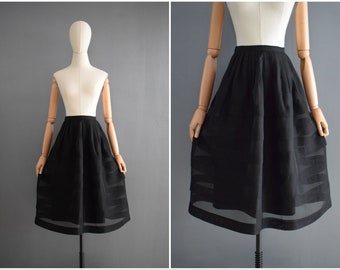 Vintage 1950s Black Semi Sheer Horizontal Pleated Organza Skirt | 1960s Black Sheer Silk Organza Skirt | Black Tiered Midi Skirt | XS