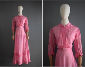 Antique Edwardian Blouse and Skirt Set | 1900s Semi Sheer Cotton Two Piece Dress | 1910s Pink Collared Blouse and Ruffled Maxi Skirt | XS