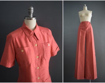 Vintage 1970s Coral Pant Suit | 70s Jones New York Safari Style Two Piece Set | S-M