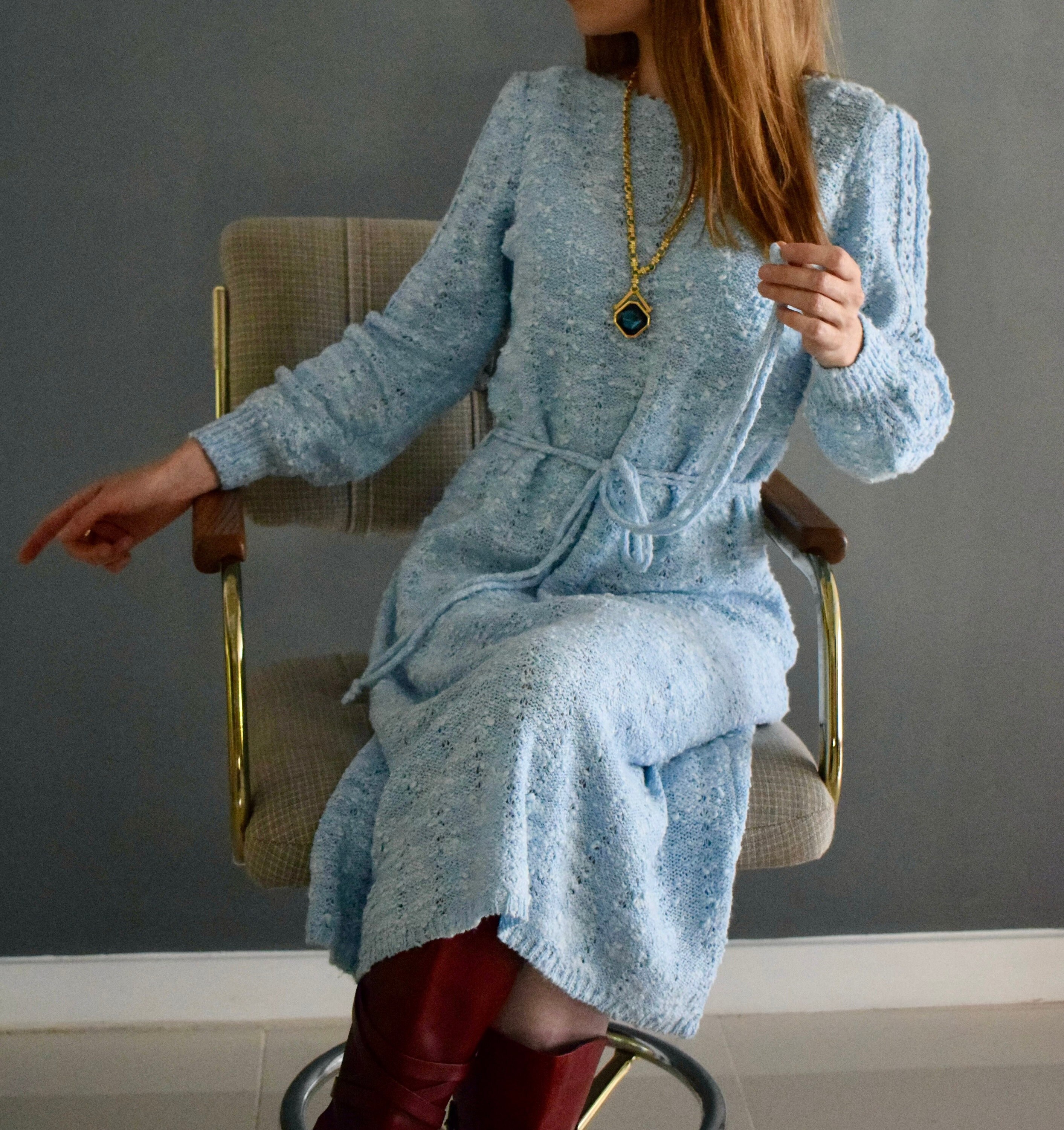 CoralGablesVintage Vintage 1970s Powder Blue Belted Long Sleeve Knit Dress | 70s Pastel Blue Buckle Knit Midi Dress | Vintage Sweater Dress | S-M