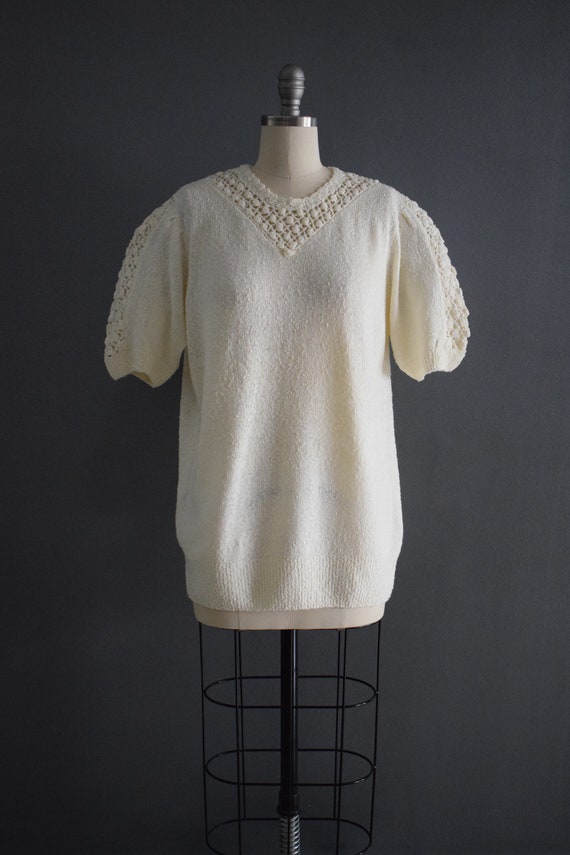 Vintage 1970s Creamy Knit Crochet Top | 1980s Cre… - image 2