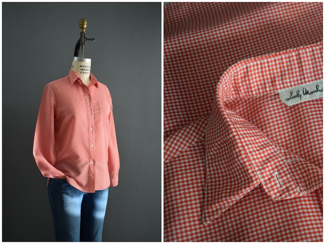 Vintage 1960s Red White Checkered Button up Blouse | 1970s Collared ...