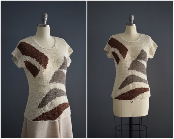 Vintage 1970s Cream Taupe and Cocoa Brown Graphic… - image 1
