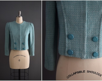 Vintage Petrol Wollmischung Kurzer Blazer | Sea Foam - Langärmlige Crop-Jacke | Türkiser Tweed | S