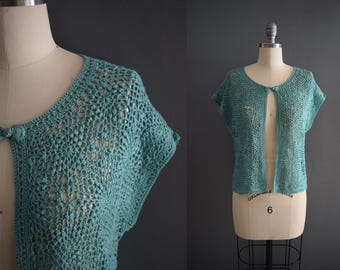 Vintage Jones New York Sea-schuimgroen katoenen gehaakt vest | Blauwgroen gehaakte top van 100% katoen | Mijn