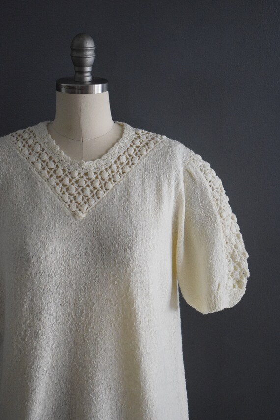 Vintage 1970s Creamy Knit Crochet Top | 1980s Cre… - image 3