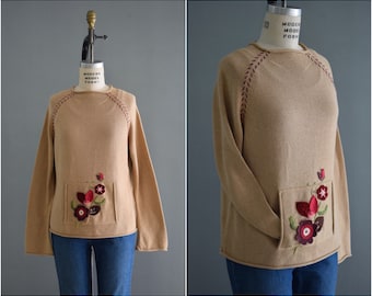 Vintage Liz Claiborne Braun Baumwoll Pullover mit Floraler Handstickerei und Applikation Größe S M L | Vintage Camel Pullover Känguru Tasche M