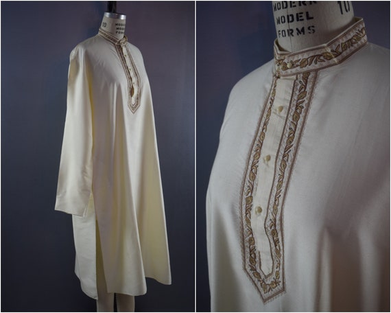 Vintage 1970's Moroccan Ivory Cream Silk Embroider