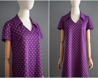 Vintage 1960s Geometric Print Collared Mini Dress | 60s Purple and Pink Floral Print Dress | Mod Polyester Short Dress | XS-S