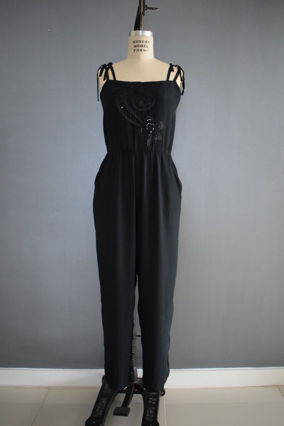 Vintage 1980s Black Rayon Jumpsuit with Appliqué … - image 2