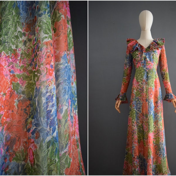 Vintage 1970s Floral Print Cotton Blend Maxi Dress with Raffles | 1960s Abstract Floral Long Raffled Collar Long Sleeve Dress | M