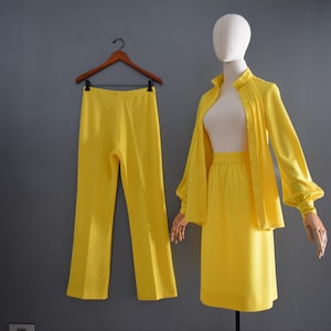 Vintage 1960s Yellow Polyester 3 Piece Skirt and Pants Suit Ensemble | 60s Tunic Blazer, Slacks and Skirt Matching Set | XXS - XS