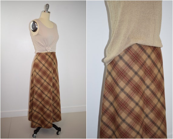 Vintage brown plaid wool maxi skirt / 90s beige, b