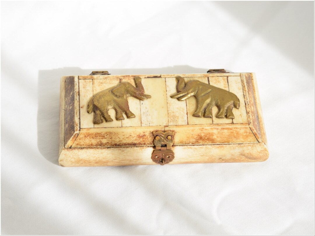 Vintage Camel Bone and Brass Trinket Box Bone and Brass Elephants