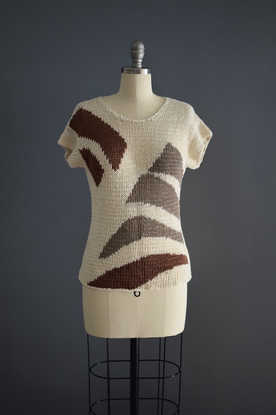 Vintage 1970s Cream Taupe and Cocoa Brown Graphic… - image 2