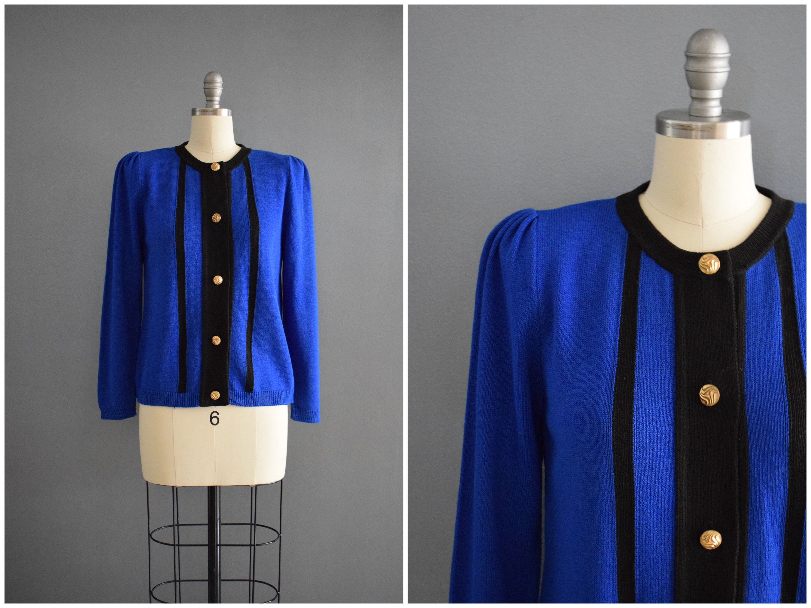 Vintage 1980s Royal Blau und Schwarz Color Block Strick Blazer | 80er Jahre Blau und Schwarzer Cardigan mit Knopfleiste und Puffschultern | M