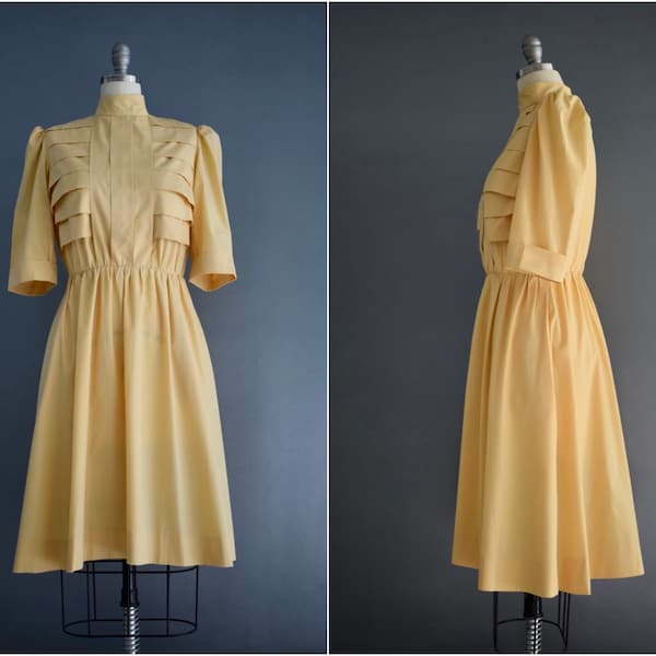 Vintage 1960's Mock Neck Dress with Puff Shoulders | 60's Fit and Flare Mock Neck Cotton Dress | Mellow Yellow Dress | XS-S