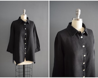 Vintage Black Pure Linen Long Sleeve Button Up Tunic Shirt | Y2K Collared Blouse with Asymmetric Hem | Cut Loose Button Front Top | S-M